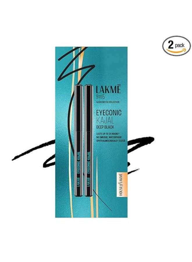 Lakme 9 to 5 Eyeconic Kajal Twin Pack, Matte Waterproof Kohl, Smudge Proof Kajal Pencils that lasts hours, Pack of 2- Deep Black, 0.35g - Image 1